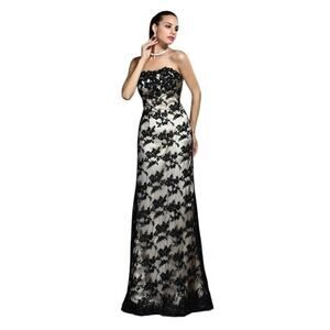 HEBEOS Women's Strapless Trumpet Embellished Black Lace Over Gold Satin | NWOT